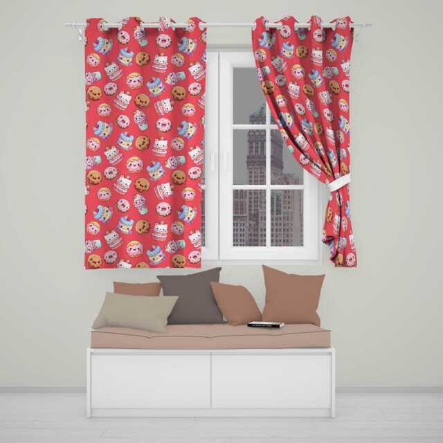 Kawaii Donut Cake Cupcake Sweet Dessert Seamless Pattern Coral Red Readymade Eyelet Ring Top Thermal 100% Blackout Curtains - image 1