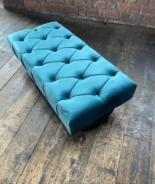 Teal Velvet Chesterfield Ottoman Handmade Footrest Coffee Table - image 1