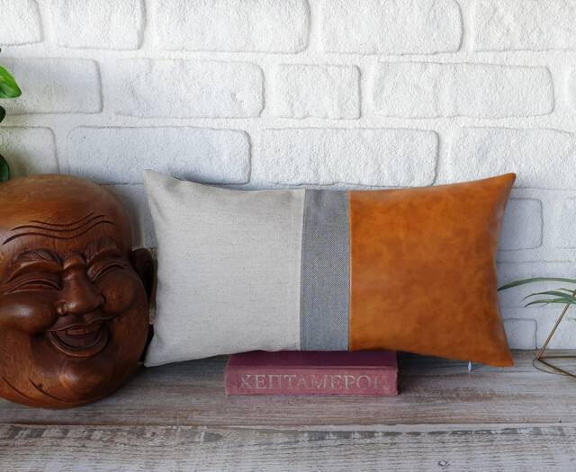 Color Block Lumbar Pillow Cover Camel Faux Leather & Linen - image 1