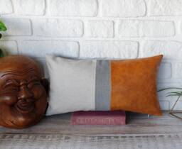 Color Block Lumbar Pillow Cover Camel Faux Leather & Linen