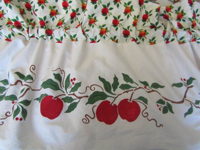 Hand Stenciled Lined Apples Kitchen Leaves Autumn Fall Harvest Berries Vine Fruit Curtain Valance - image 1