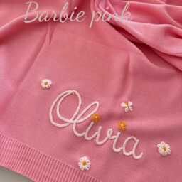 Personalized Baby Blanket, Hand Embroidered Cotton Knit, Shower Gift - thumbnail 1