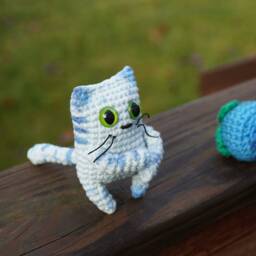 Crochet Blueberry Cat Figurine Handmade Cotton Sculpture - thumbnail 2