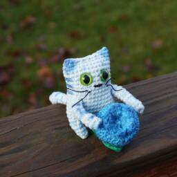 Crochet Blueberry Cat Figurine Handmade Cotton Sculpture - thumbnail 3
