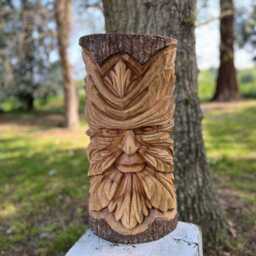 Hand Carved Wooden Green Man Wall Plaque Log Statue Half - Various Sizes. Outdoor Garden Sculpture - thumbnail 4