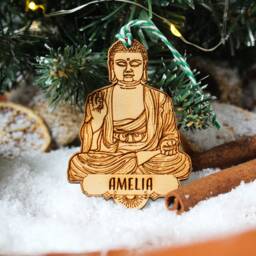 Personalised Yoga Christmas Ornament Buddhist Buddha Yogi Wood Custom Bauble Laser Engraved Rustic Wooden Name Decoration Irish - thumbnail 2