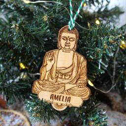 Personalised Yoga Christmas Ornament Buddhist Buddha Yogi Wood Custom Bauble Laser Engraved Rustic Wooden Name Decoration Irish - thumbnail 3
