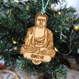 Personalised Yoga Christmas Ornament Buddhist Buddha Yogi Wood Custom Bauble Laser Engraved Rustic Wooden Name Decoration Irish - thumbnail 4