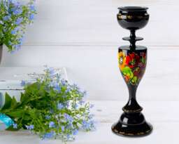 Ukrainian Tall Hand Painted Wooden Candle Stick Holder, Handmade Black Table Home Decor, Petrykivka Gift Ukraine Shop, S162 - thumbnail 1