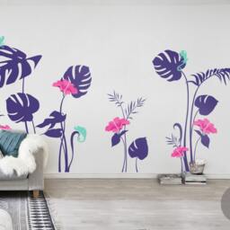 Flower Wall Decal Floral For Girls Room Kids Nursery Sticker Hibiscus & Monstera Leaves Art Decor Am009 - thumbnail 2
