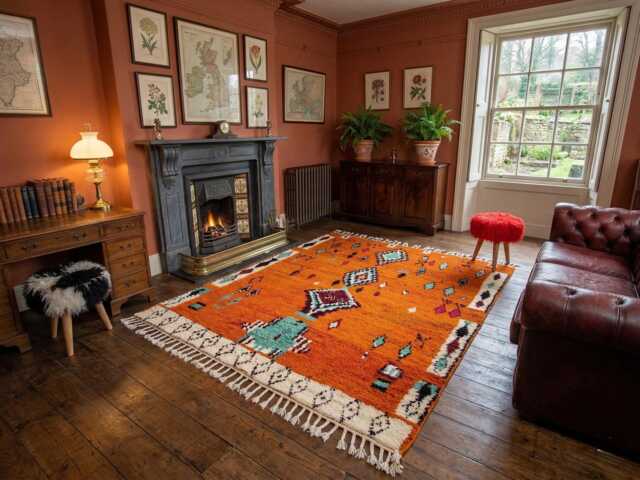 Bright Orange Moroccan Rug - Tribal Turquoise Wool Carpet, Boho Area - image 1
