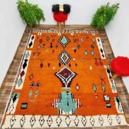 Bright Orange Moroccan Rug - Tribal Turquoise Wool Carpet, Boho Area - thumbnail 2