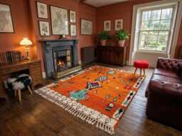 Bright Orange Moroccan Rug - Tribal Turquoise Wool Carpet, Boho Area