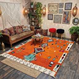 Bright Orange Moroccan Rug - Tribal Turquoise Wool Carpet, Boho Area - thumbnail 3