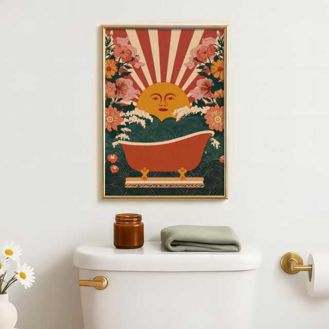 Sun Bathtub Art Print - Retro Bathroom Wall Boho & Flowers Vintage Style Decor Bohemian Home Gift - image 1