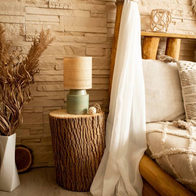 Round Green-Rust Matte Stoneware Ceramic Bedside Table Lamp With Raffia/Rattan Shade - image 1