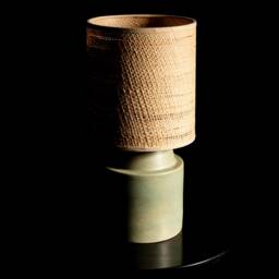 Round Green-Rust Matte Stoneware Ceramic Bedside Table Lamp With Raffia/Rattan Shade - thumbnail 2