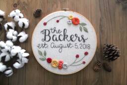 Family Name Floral Embroidery Hoop. Wedding Anniversary Wall Art. Date Decor. Shower Gift. Last Personalized - thumbnail 1