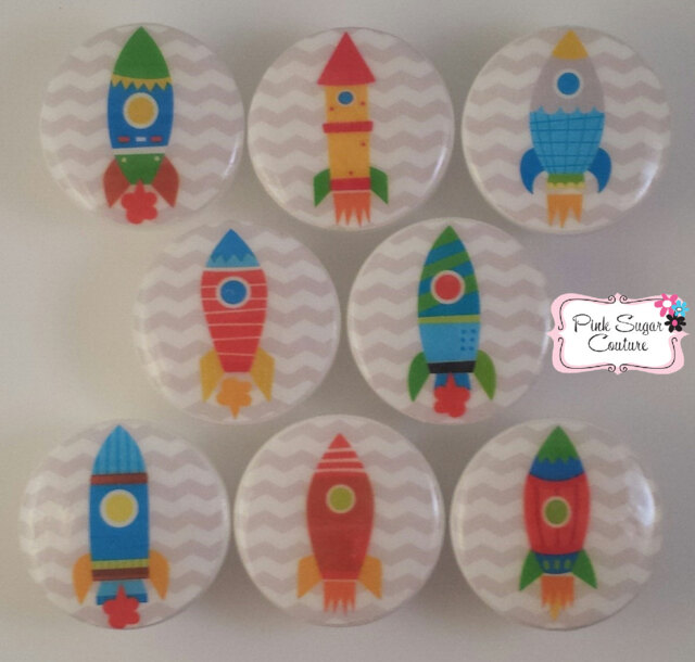 Rockets Space Knobs Chevron Boys Drawer Pulls Kids Nursery Room Decor Kids Art Gray Blue Green Orange - image 1