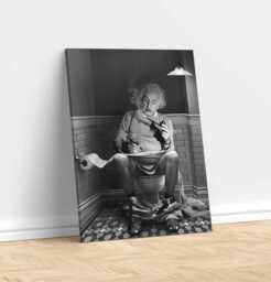 Albert Einstein Physicist On Toilet Canvas Print, Wall Art, Home Decor, Black & White Funny Bathroom Photography Premium Quality Picture - thumbnail 1