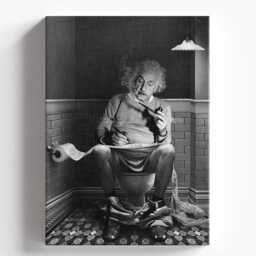 Albert Einstein Physicist On Toilet Canvas Print, Wall Art, Home Decor, Black & White Funny Bathroom Photography Premium Quality Picture - thumbnail 2