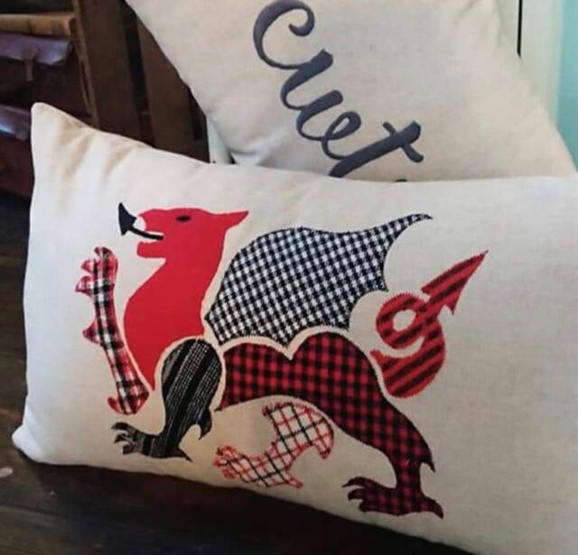 Traditional Welsh Wool Fabric - Dragon Cushion, St Davids Day - Handmade Souvenir From Wales David's Gift - image 1