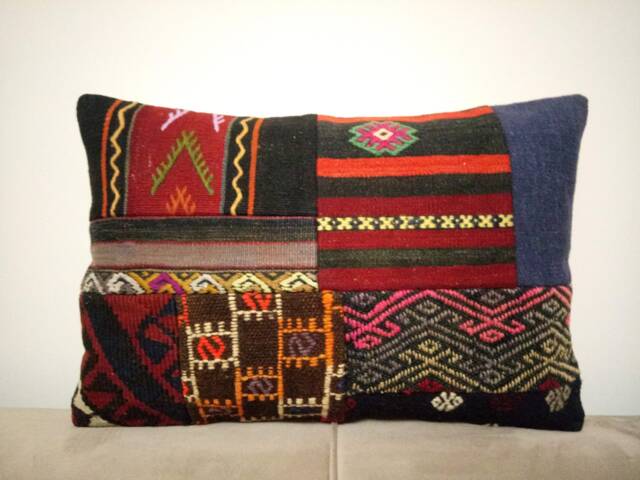 Patchwork Kilim Pillow 16x24 Inches Anatolian Lumbar Turkish Pillowcase Sofa Cover Home Design - image 1