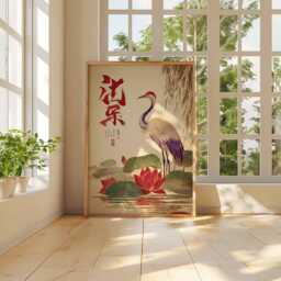 Asian Crane & Lotus Poster - Tranquil Oriental Wall Art, Vintage Japanese-Inspired Heron Print, Unframed - thumbnail 3