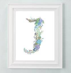 Floral Letter J Art Print Hand-Painted Nursery Decor