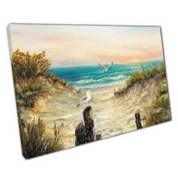 Ocean Beach Oil Painting Canvas Art Print With Grassy Dunes Seagulls For Home Or Office Decor - thumbnail 1