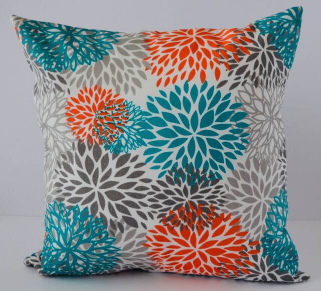 Outdoor Blooms Pacific Turquoise Salmon Orange Grey Cushion/Pillow Cover - Coussin/Couvre-Oreiller - image 1