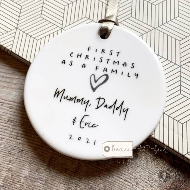 Personalised First Christmas As A Family Mummy Daddy New Baby Monochrome Heart Design Ceramic Round Ornament Keepsake