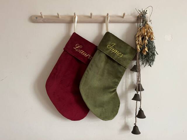 Personalized Velvet Christmas Stocking/Embroidered Name, Green White Red Green Decor - image 1