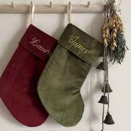 Personalized Velvet Christmas Stocking/Embroidered Name, Green White Red Green Decor - thumbnail 2