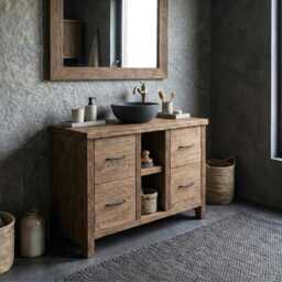 Reclaimed Oak Bathroom Vanity - Handmade Solid Wood Sink Cabinet, Rustic Japandi Design