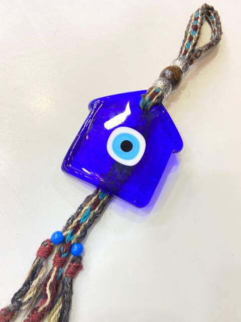House Shaped Glass Blue Evil Eye With Hand-Knitted Goat Hair Wall Hanging, Traditional Nazar Boncuk, Greek Eye, Eye Bead - image 1