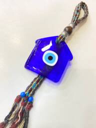 House Shaped Glass Blue Evil Eye With Hand-Knitted Goat Hair Wall Hanging, Traditional Nazar Boncuk, Greek Eye, Eye Bead - thumbnail 1