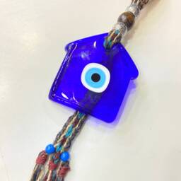 House Shaped Glass Blue Evil Eye With Hand-Knitted Goat Hair Wall Hanging, Traditional Nazar Boncuk, Greek Eye, Eye Bead - thumbnail 3