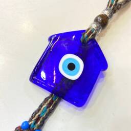 House Shaped Glass Blue Evil Eye With Hand-Knitted Goat Hair Wall Hanging, Traditional Nazar Boncuk, Greek Eye, Eye Bead - thumbnail 2