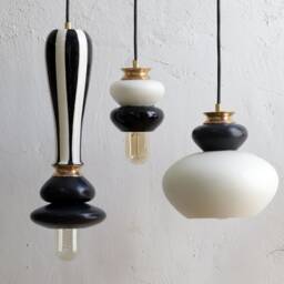 Hanging Black & White Ceramic Lamp, Handmade Lampshade Design, Unique Light Fixture Gift - thumbnail 3