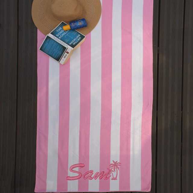 Personalised Beach Towels Embroidered Name Or Initials - Pink & White Striped Sunbathing Swim Towel - image 1