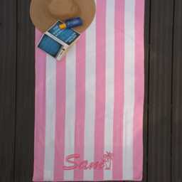 Personalised Beach Towels Embroidered Name Or Initials - Pink & White Striped Sunbathing Swim Towel - thumbnail 1