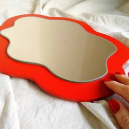 Red Wavy Mirror, Funky Wavy Mirror For Wall, Waved Abstract Pond Small Wall D??cor, Modern Wave - thumbnail 2