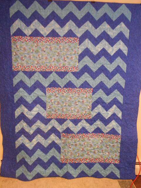 "Handmade Rainbow Fish Quilt Full Size Blue Chevron Bedding - 74"" X 89" - image 1