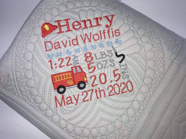 Personalized Baby Boy Quilt, Fire Truck Embroidery, Birth Stats Announcement - image 1