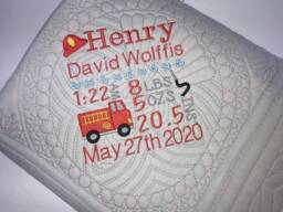 Personalized Baby Boy Quilt, Fire Truck Embroidery, Birth Stats Announcement - thumbnail 1