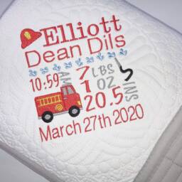 Personalized Baby Boy Quilt, Fire Truck Embroidery, Birth Stats Announcement - thumbnail 2