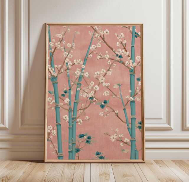 Cherry Blossom Bamboo Poster Print - Japanese Floral Wall Art Pink Botanical Decor - image 1
