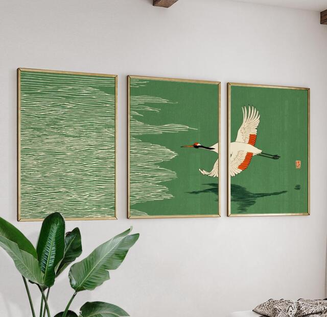 Japanese Crane Wall Art Poster Set - Green Minimalist Bird Prints Oriental Nature Decor - image 1