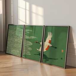 Japanese Crane Wall Art Poster Set - Green Minimalist Bird Prints Oriental Nature Decor - thumbnail 3